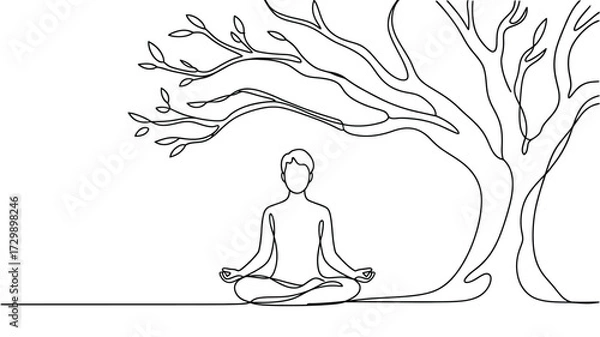 Fototapeta Serene one line drawing of a person meditating peacefully under a large sprawling tree symbolizing nature connection and inner calm