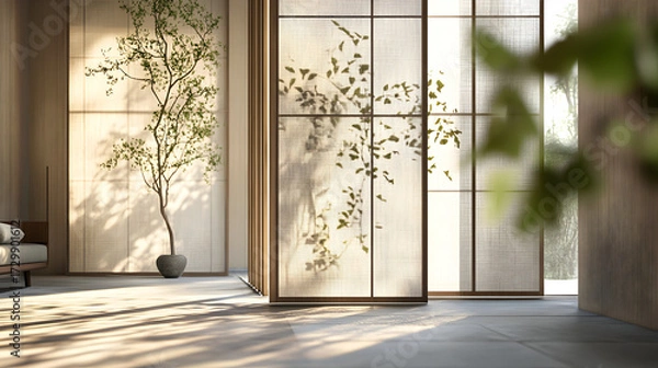 Obraz Interior scene featuring a minimalist design with plants and natural light.