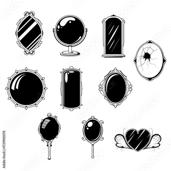 Obraz Set Abstract Doodle Elements Hand Drawn Outline Mirror Sketch Vector Design Style Isolated On White Background Illustration For Knitting, Embroidery, Sewing 