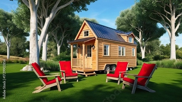 Fototapeta Tiny Wooden House on Wheels | Cozy Portable Cabin for Eco-Friendly Living in Nature