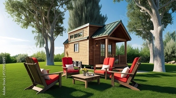 Fototapeta Tiny Wooden House on Wheels | Cozy Portable Cabin for Eco-Friendly Living in Nature
