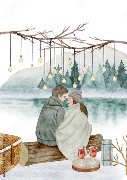 Fototapeta A digital watercolor illustration of a couple wrapped in a blanket enjoying a quiet moment by the water, illuminated by warm string lights.