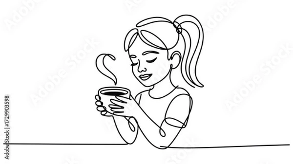 Fototapeta A simple line drawing of a young woman with her hair in a ponytail holding a steaming mug of coffee or tea with her eyes closed in peaceful enjoyment