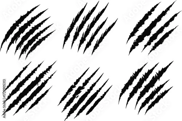 Fototapeta scratch marks Black silhouette set. ripped marks pack, monster scratch icons, black claw doodle, claw marks vector, animal scratch doodle, damage scratch outline, scar scratch symbols, cartoon claw 