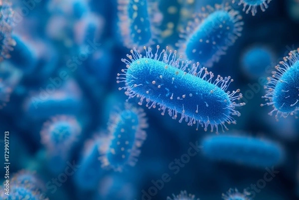 Fototapeta Close view of intricate blue bacteria in a microscopic 3D representation
