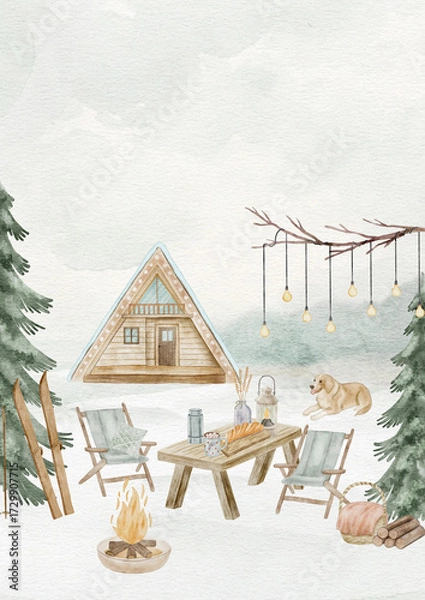 Fototapeta A digital watercolor scene depicting a cozy winter camping setup featuring a small cabin, a camper van, a picnic table, and warm string lights.