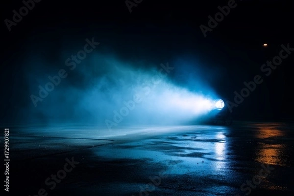 Fototapeta Blue neon spotlight illuminates a dark, misty scene with wet asphalt at night, casting rays through the smoke