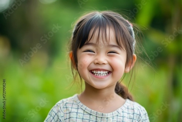 Fototapeta Joyful young Asian girl laughing and displaying a wide smile showing her front teeth