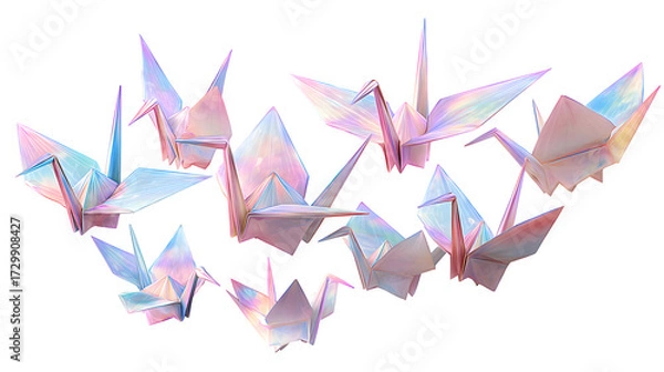 Fototapeta Iridescent Origami Cranes, isolated on transparent background