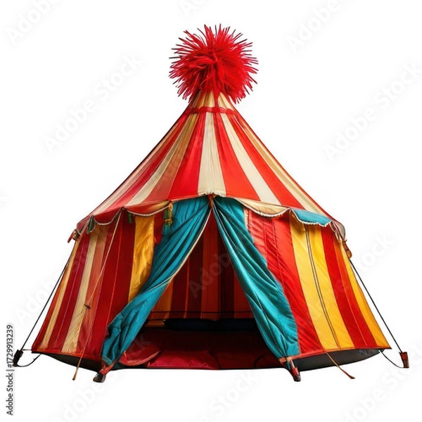 Obraz a colorful striped tent with a red pom isolated on white and transparent background.