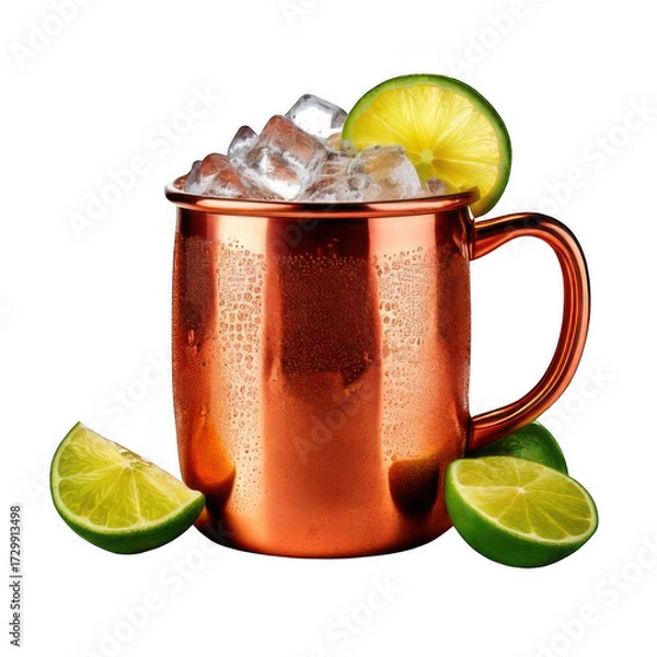 Obraz a copper mug with ice and lime wedges isolated on white and transparent background.