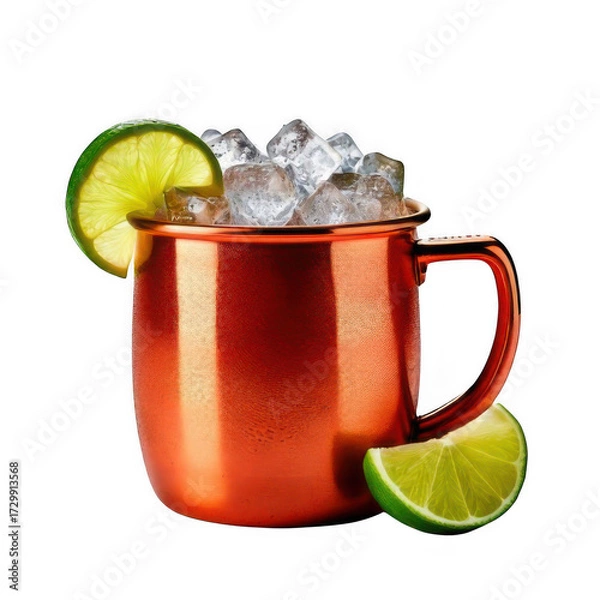 Obraz a copper mug with ice and lime wedges isolated on white and transparent background.