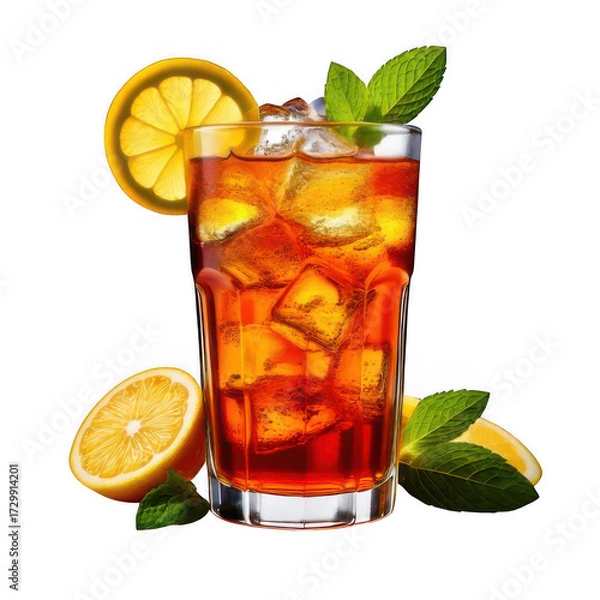 Obraz a glass of ice tea with lemon slices and mint leaves isolated on white and transparent background.