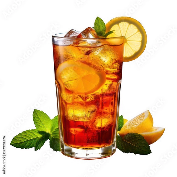 Obraz  a glass of ice tea with lemon slices and mint leaves isolated on white and transparent background
