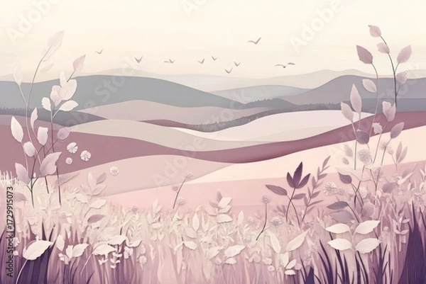 Fototapeta A serene landscape scene featuring layered hills and pastel floral elements in a soft, dreamy palette.