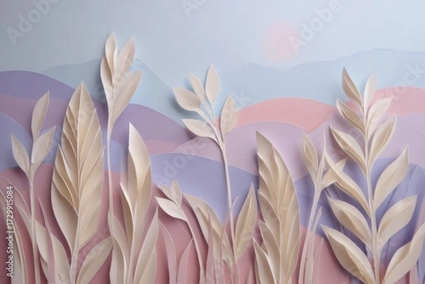 Fototapeta Delicate, layered paper leaves and branches create a serene landscape scene in pastel shades.