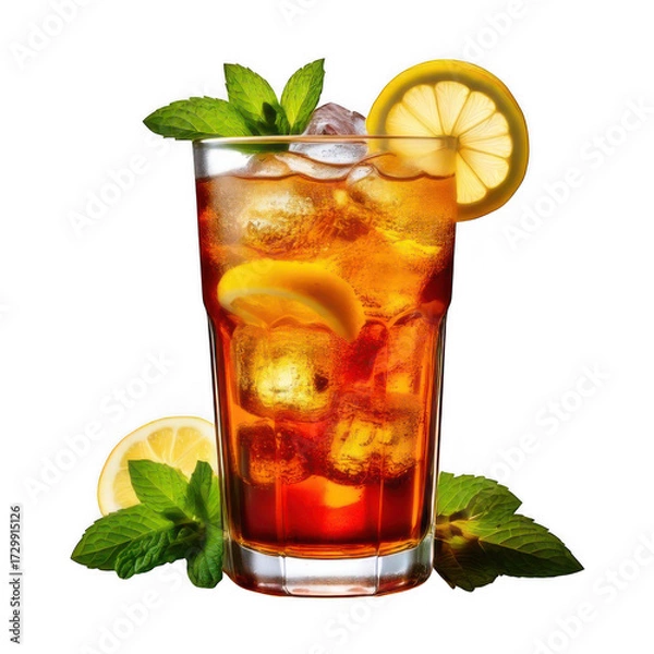 Obraz a glass of ice tea with lemon slices and mint leaves isolated on white and transparent background