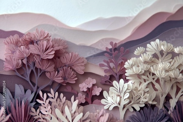 Fototapeta A layered landscape scene composed of delicate cut paper flowers and foliage in soft, muted pinks and purples.