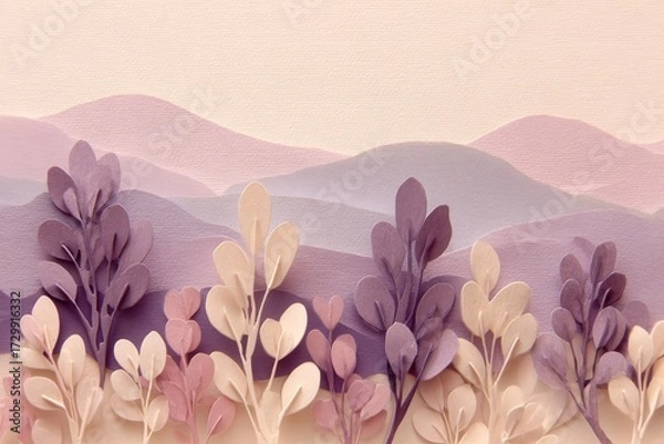 Fototapeta A serene landscape of layered paper cut-out trees against a pastel purple and pink mountain range, evoking a sense of tranquility.