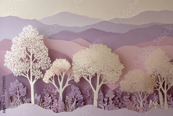 Fototapeta A delicate paper-cut landscape showcases layered mountains and trees in soft shades of purple and cream.