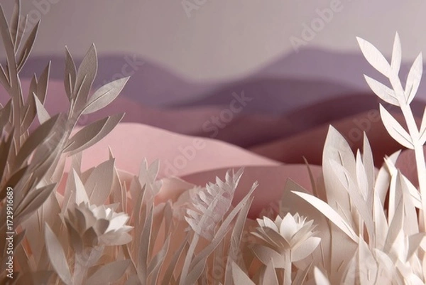 Fototapeta Delicate white paper cut flowers and leaves create a whimsical miniature landscape with soft pink and purple hues.