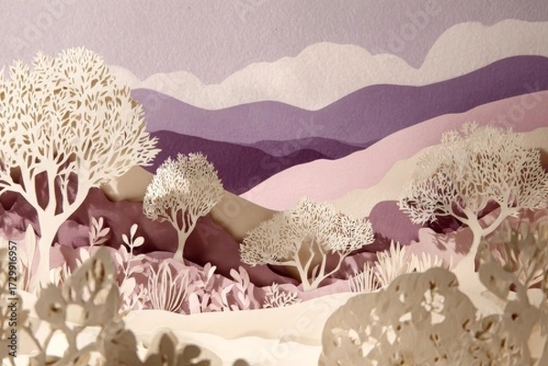 Fototapeta A layered paper landscape, featuring intricate, cut-out trees and foliage, set against a backdrop of softly shaded, layered hills in muted purples and pinks.