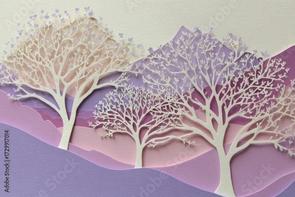 Fototapeta Delicate paper cut trees stand against layered pastel hills, evoking a tranquil and serene mood.