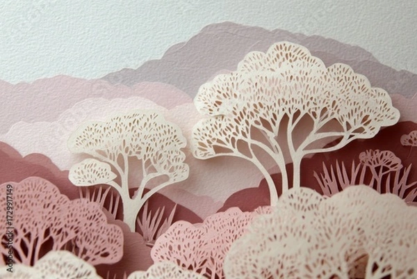 Fototapeta Delicate paper cut landscape showcases layered trees and soft color palettes against a textured background.