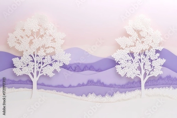 Fototapeta A serene, layered landscape design featuring two white trees against a backdrop of gently sloping, purple mountains, creating a tranquil and artistic scene.