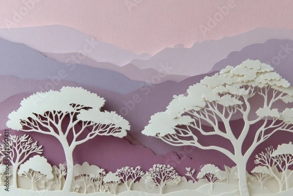 Fototapeta Delicate paper cut landscape featuring layered, pastel-toned mountains and silhouettes of trees in soft, muted shades of lavender and rose.
