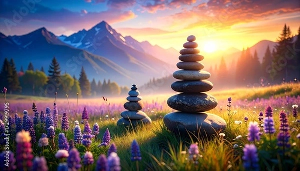 Obraz Peaceful scene of balanced stones at sunrise in the mountains, symbolizing mindfulness, inner peace, harmony, and natural beauty.