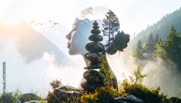Obraz Peaceful scene of balanced stones at sunrise in the mountains, symbolizing mindfulness, inner peace, harmony, and natural beauty.