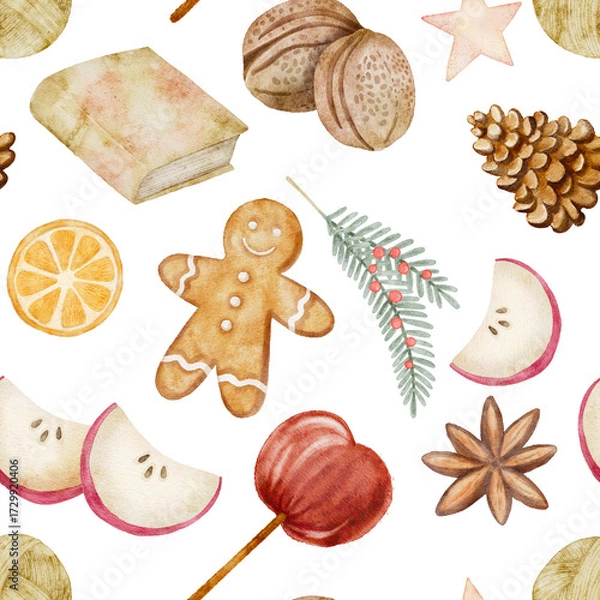 Fototapeta A seamless digital watercolor pattern featuring gingerbread men, candy apples, nuts, and slices of fruit, perfect for holiday food and baking backgrounds.