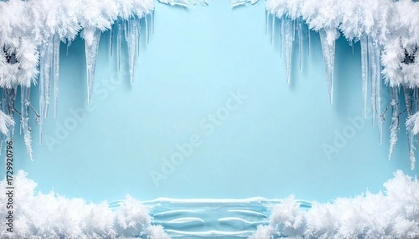 Fototapeta A frosty, ethereal scene with icicles and snow-like formations framing a tranquil, blue backdrop.