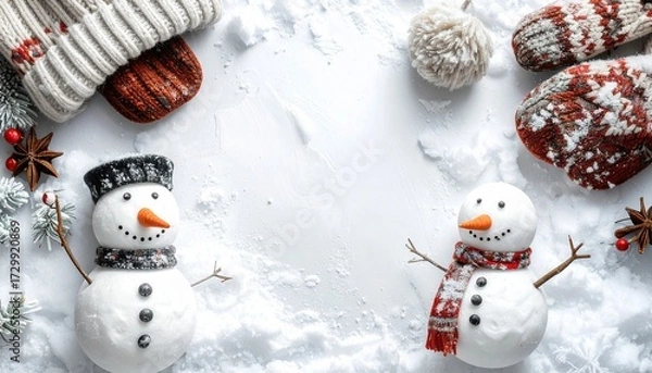 Fototapeta Two small snowmen with scarves and mittens lie in a snowy scene, creating a wintery, festive atmosphere.