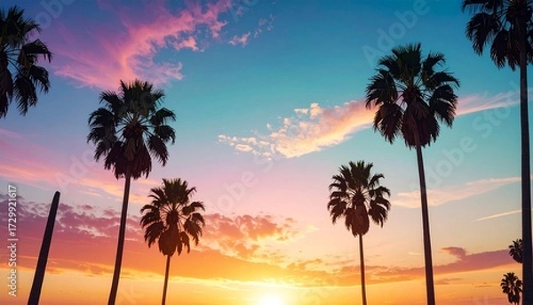Fototapeta Palm trees silhouetted against a vibrant sunset sky with colorful clouds.