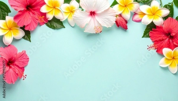 Fototapeta Colorful hibiscus and plumeria flowers arranged in a border at the top and left side of a light blue background.