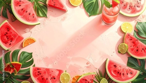 Fototapeta Vibrant summer composition featuring watermelon slices, citrus fruits, and tropical leaves, arranged around a pink surface.