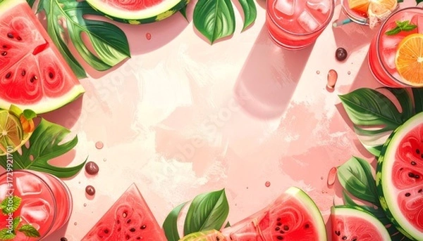 Fototapeta A vibrant illustration showcasing refreshing watermelon slices, drinks, and tropical leaves, arranged on a pink background.