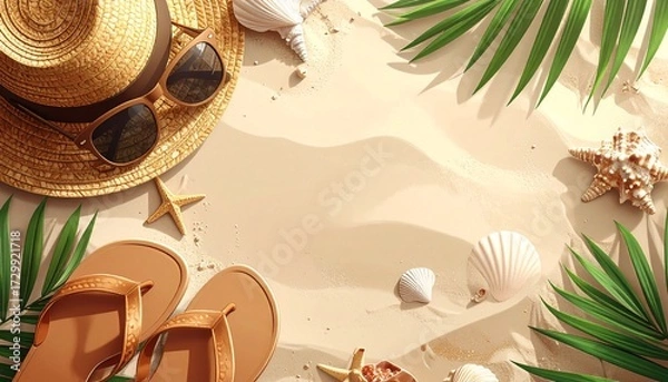Fototapeta Overhead view of beach accessories arranged on sunlit sand, evoking vacation vibes.