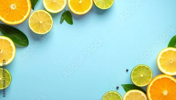 Fototapeta Citrus fruit slices (orange, lemon, lime) and green leaves arranged on a light blue background, creating a fresh and vibrant composition.