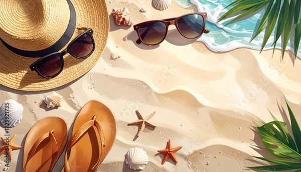 Fototapeta Beach scene with hat, sunglasses, flip-flops, seashells, and starfish on sand near the ocean, creating a summer vacation vibe.