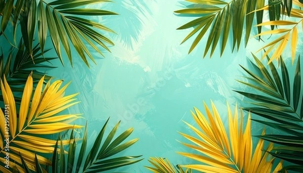 Fototapeta Palm leaves frame a turquoise water surface with light reflections, creating a tropical, summery, and relaxing atmosphere.