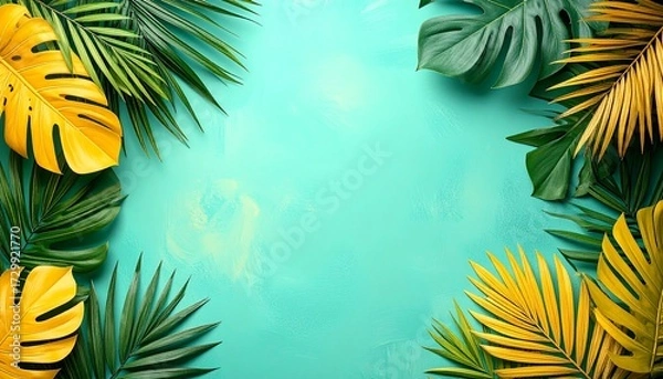 Fototapeta Vivid tropical leaves frame a vibrant turquoise background, creating a lush, inviting composition.