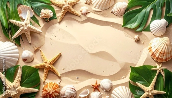 Fototapeta A beach-themed composition featuring starfish, seashells, and tropical leaves arranged around a central empty space.