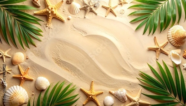 Fototapeta Sandy beach scene with starfish, seashells, and tropical palm leaves arranged around a central area.