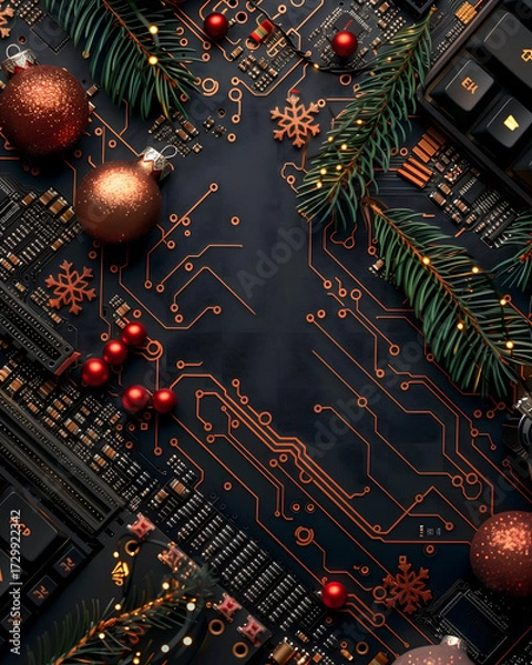 Obraz Dark pcb background decorated with festive baubles