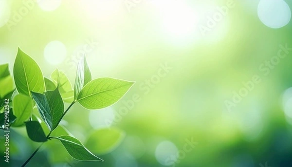 Obraz Soft-focus photo of fresh green leaves glowing in sunlight. Perfect for eco themes, wellness, sustainability, mindfulness, and natural beauty designs.