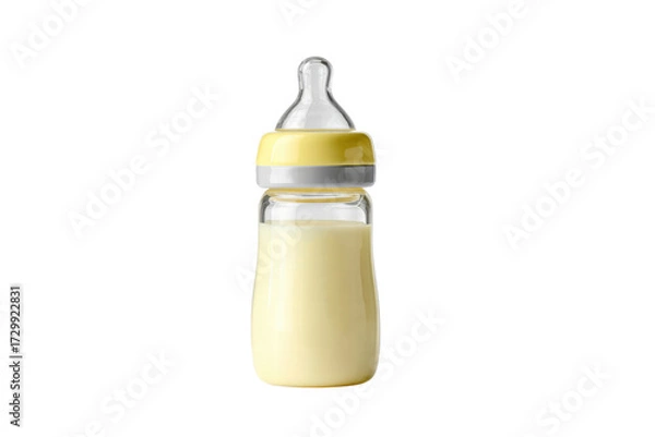 Fototapeta A glass bottle filled with milk is placed on a white surface. The bottle is made of glass and has a yellow and white color scheme. The milk inside the bottle is fresh and ready to be consumed