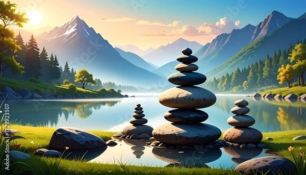 Obraz Peaceful scene of balanced stones at sunrise in the mountains, symbolizing mindfulness, inner peace, harmony, and natural beauty.